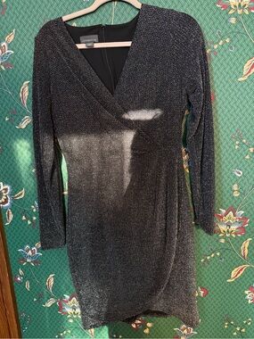 Covington Black Metallic Wrap-Style Long Sleeve Dress